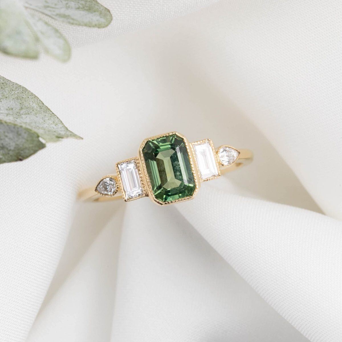 14K Gold 1CT Radiant Cut Emerald Crystal Engagement Ring with Baguette Pear Cut Moissanite-3