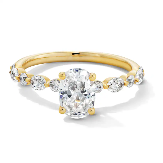 Bague de fiançailles en or 14 carats avec diamants de forme ovale circulaire à tige alternée de 1-1/2 ct