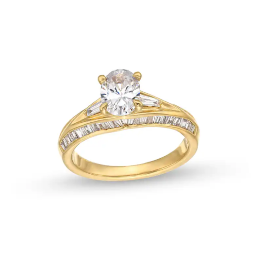 Bague de fiançailles personnalisée en or 14 carats avec diamants baguette ovales de 1 1/2 ct et tige fendue