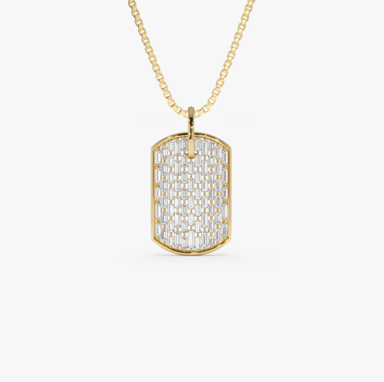 Ciondolo con targhetta per cani in oro 14 carati con diamanti baguette da 1,25 ct