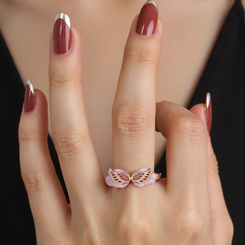 Anillo de pareja personalizado con mariposa de doble capa de diamantes creados en laboratorio, oro de 14 quilates, 0,25 quilates de peso total, color D, claridad VVS1-VS1, 3EX-4