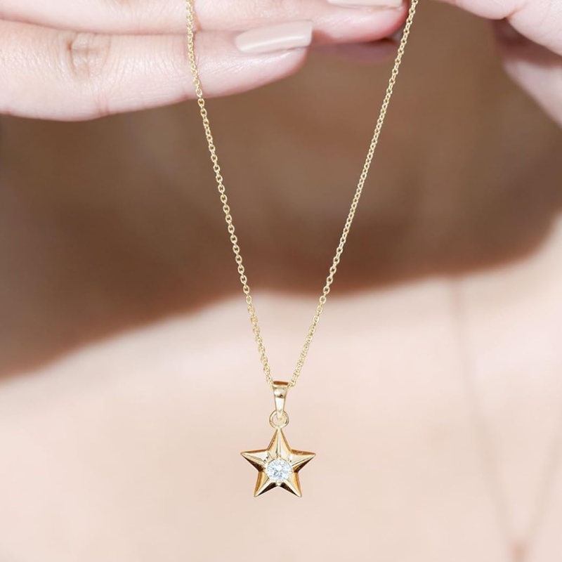 Sterling Silver with Yellow Gold Plated 0.25CT Lab Created Diamond Star Pendant Necklace-2
