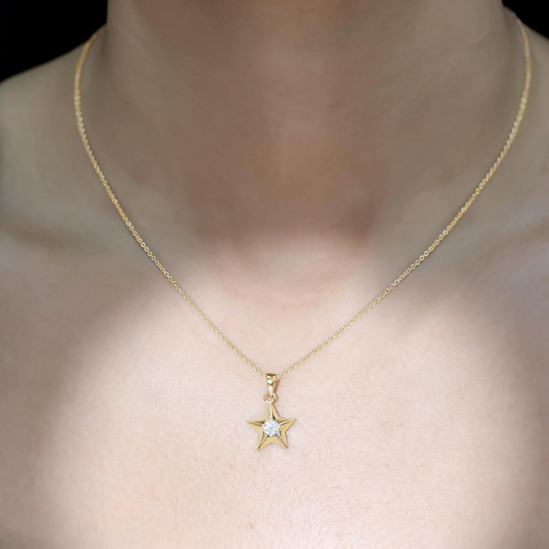 Sterling Silver with Yellow Gold Plated 0.25CT Lab Created Diamond Star Pendant Necklace-3