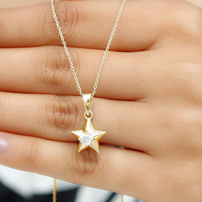 Sterling Silver with Yellow Gold Plated 0.25CT Lab Created Diamond Star Pendant Necklace-4