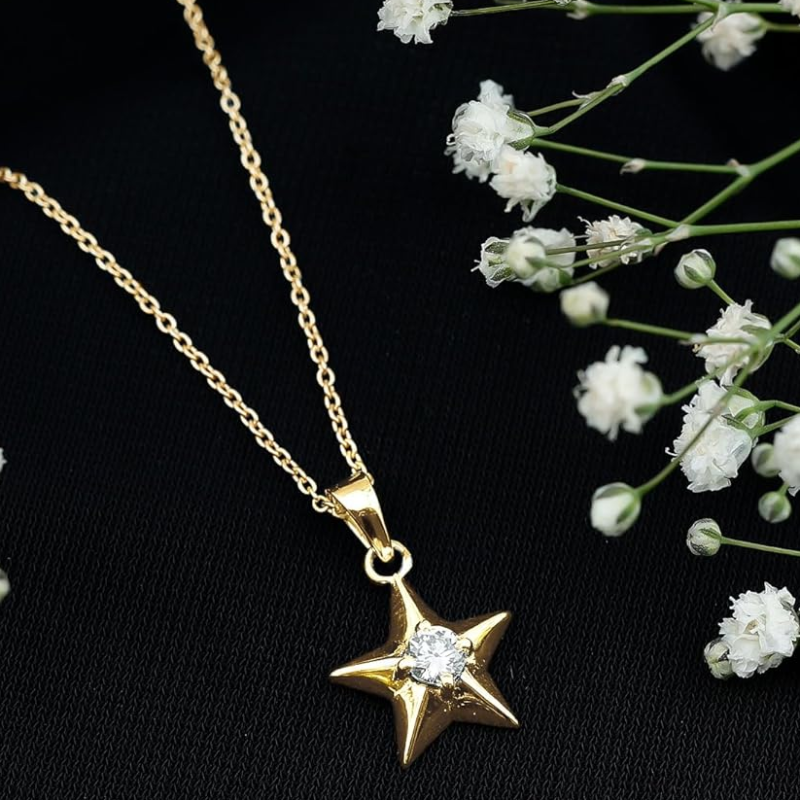 Sterling Silver with Yellow Gold Plated 0.25CT Lab Created Diamond Star Pendant Necklace-5