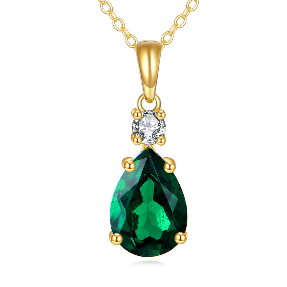 14K Gold 2CT Pear Artificial Emerald & Moissanite Pendant Necklace-1