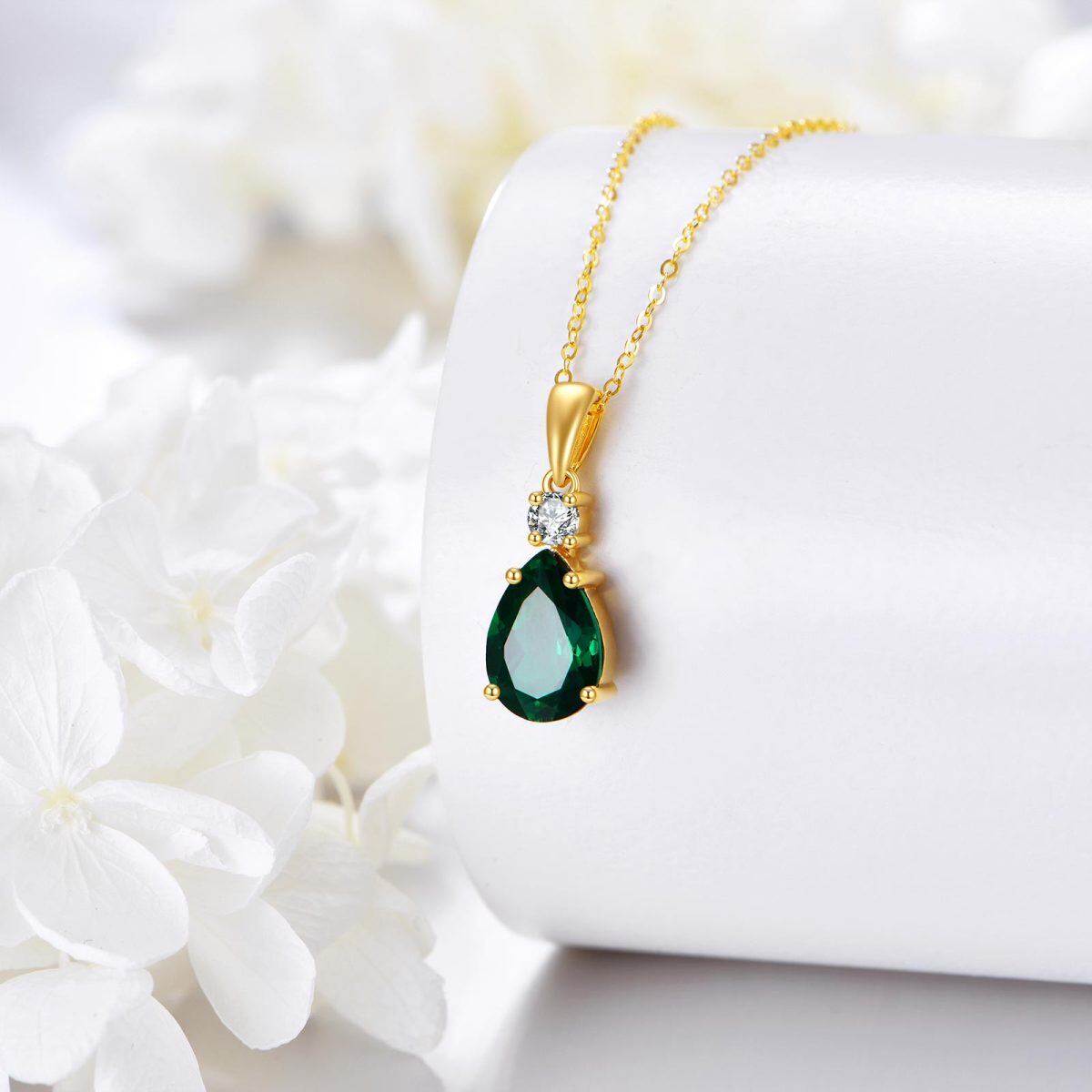 14K Gold 2CT Pear Artificial Emerald & Moissanite Pendant Necklace-3