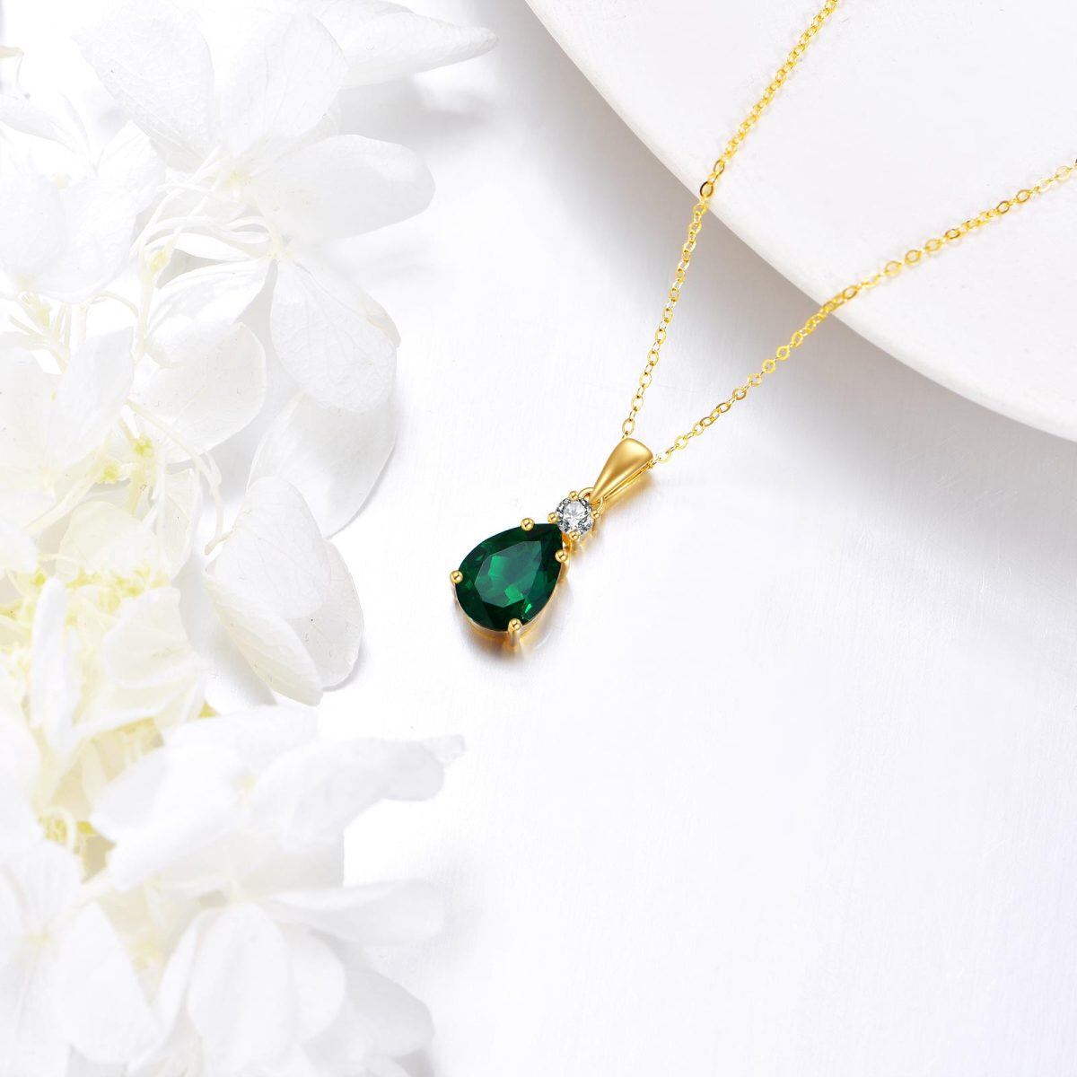 14K Gold 2CT Pear Artificial Emerald & Moissanite Pendant Necklace-4