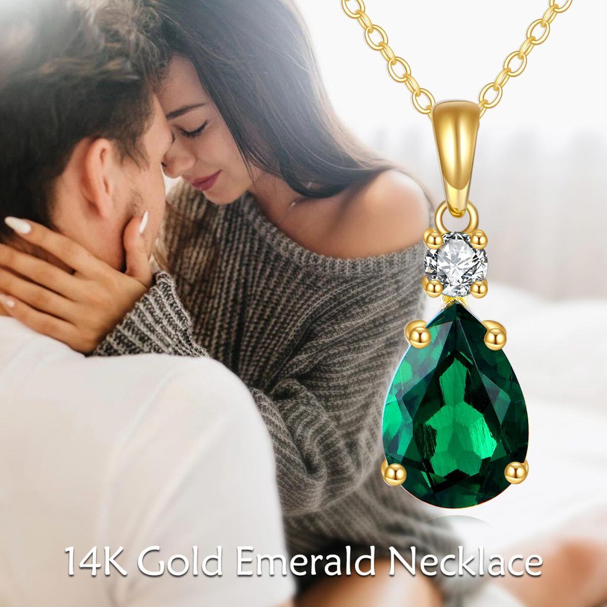 14K Gold 2CT Pear Artificial Emerald & Moissanite Pendant Necklace-5