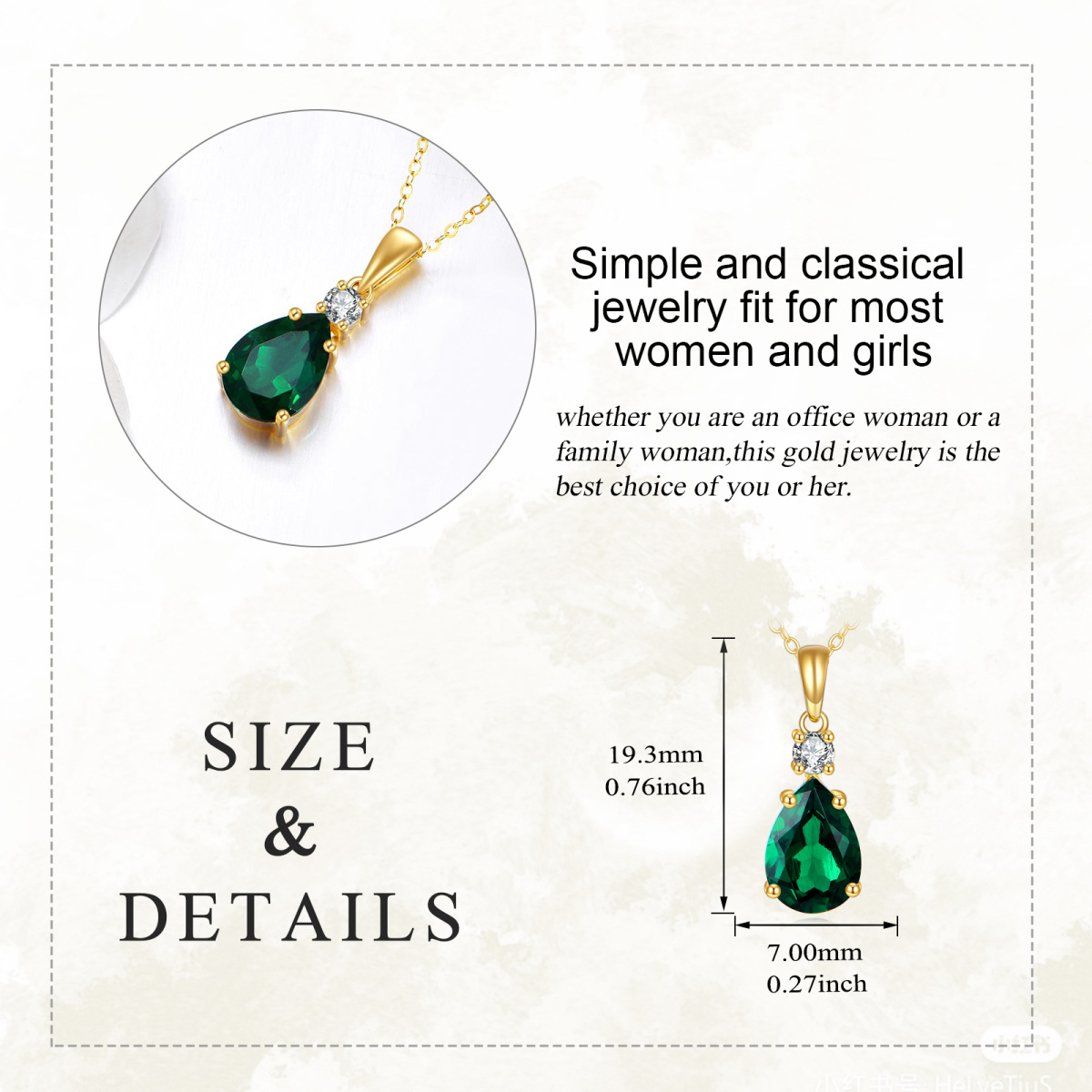 14K Gold 2CT Pear Artificial Emerald & Moissanite Pendant Necklace-6