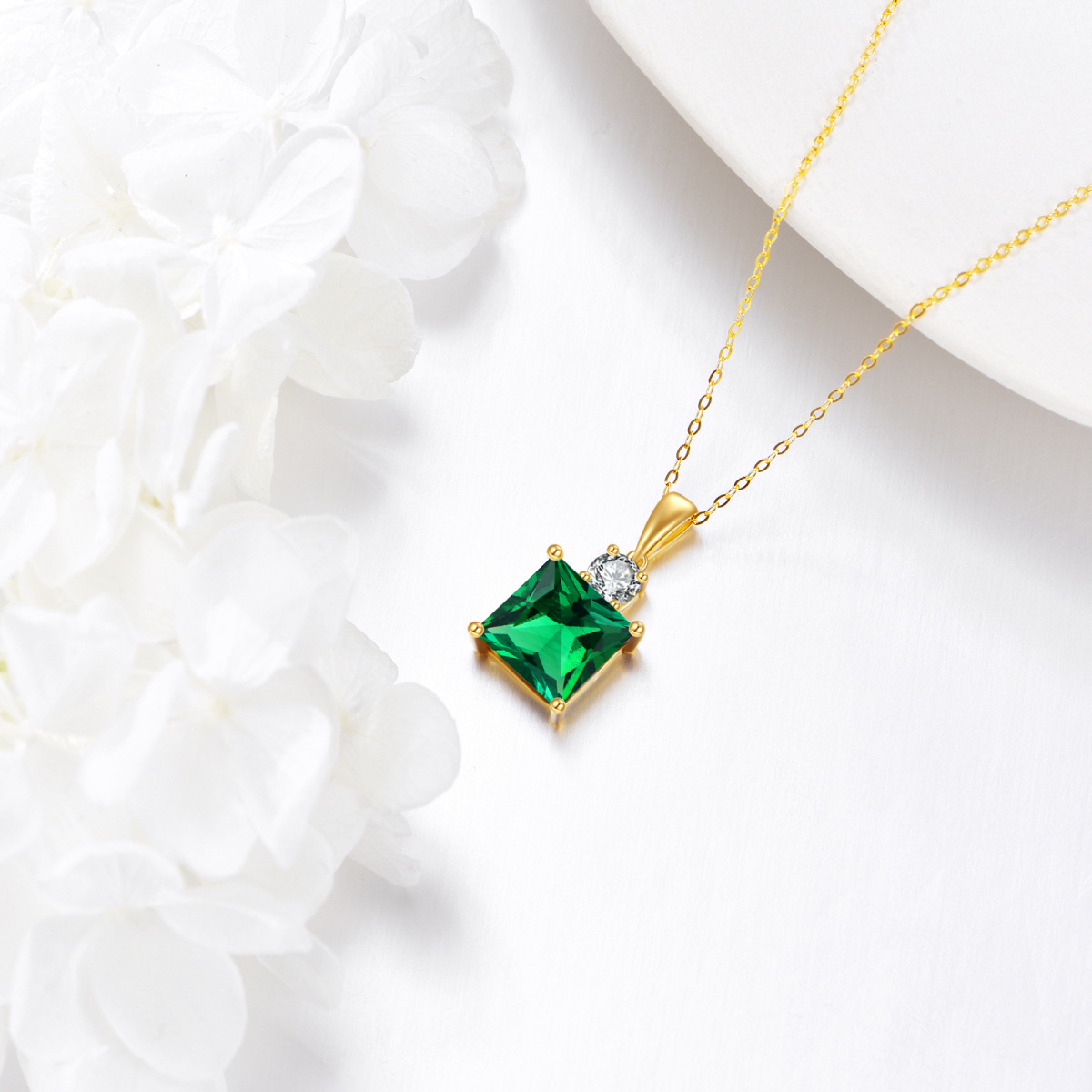 14K Gold 2CT Princess-square Artificial Emerald & Moissanite Pendant Necklace-3