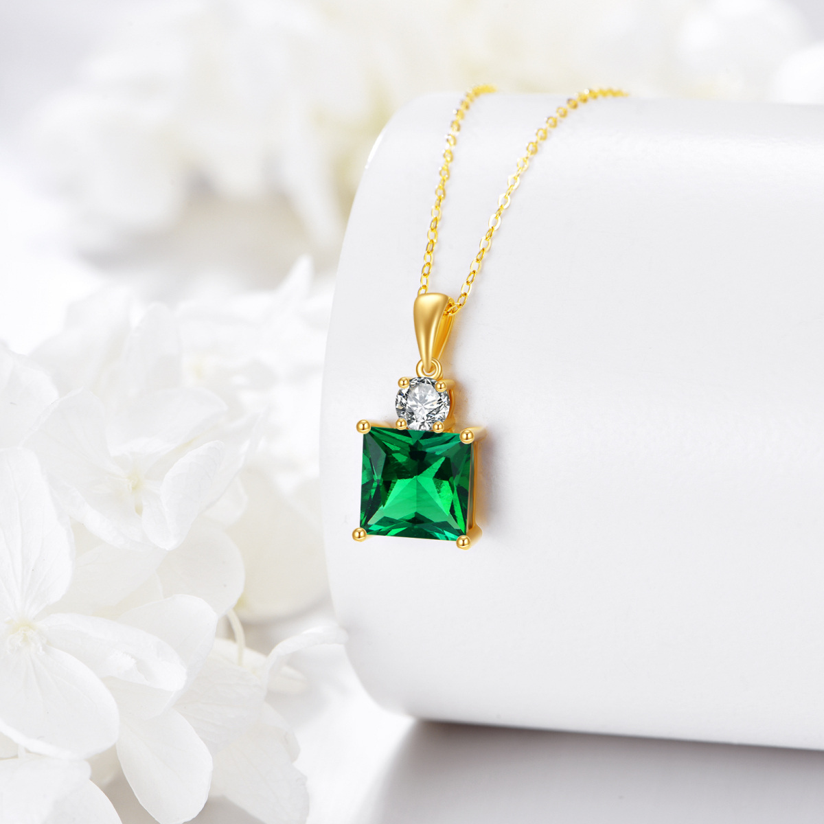 14K Gold 2CT Princess-square Artificial Emerald & Moissanite Pendant Necklace-4