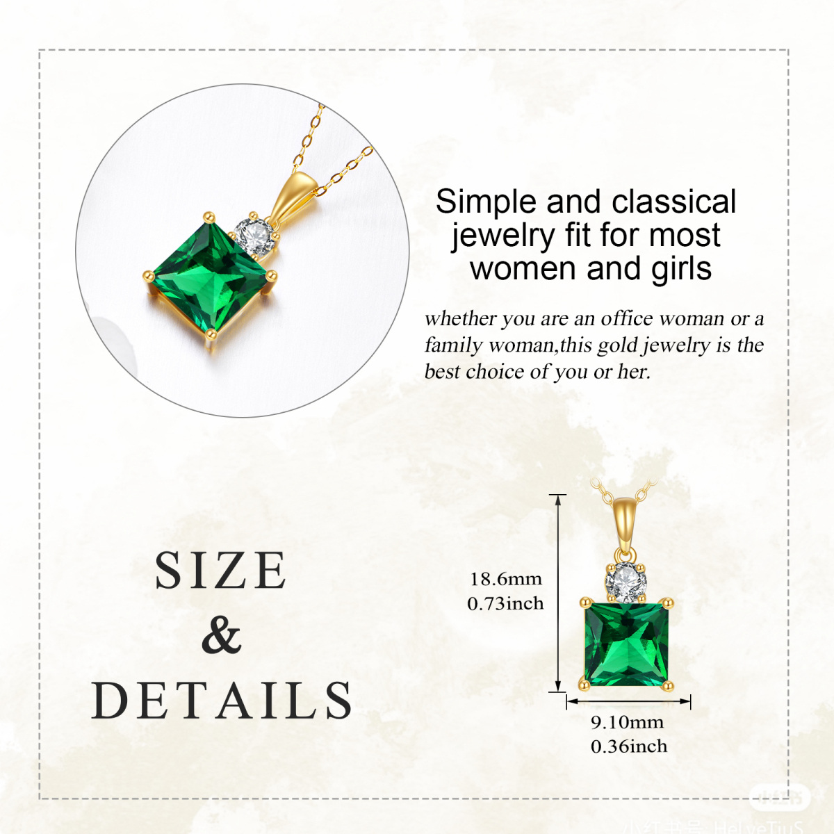 14K Gold 2CT Princess-square Artificial Emerald & Moissanite Pendant Necklace-5