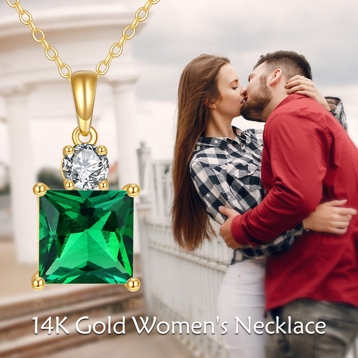 14K Gold 2CT Princess-square Artificial Emerald & Moissanite Pendant Necklace-6