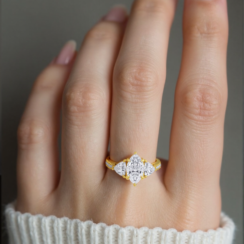 Anel de noivado personalizado com três pedras e diamante criado em laboratório, lapidado em ouro 14K, 3,33 CT.T.W., D VVS1-VS1, certificado pela IGI-5
