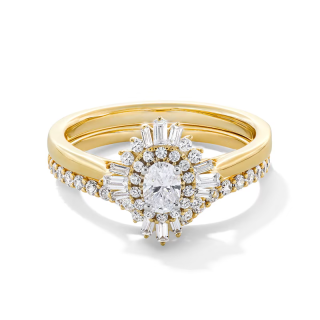 10K Gold 3/4 CT Circular & Oval & Baguette Diamond Double Sunburst Frame Engagement Ring-16