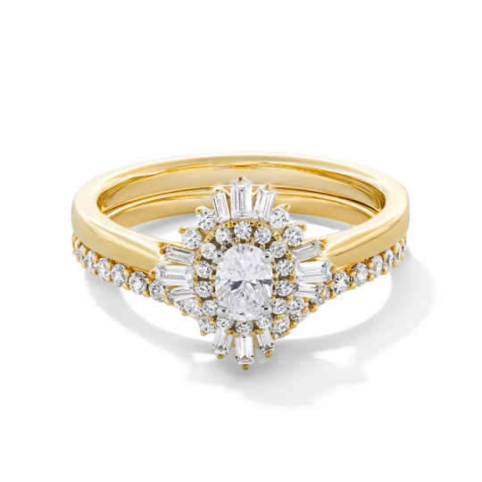 Bague de fiançailles en or 14 carats avec diamants baguette ovales circulaires 3/4 ct et cadre double soleil