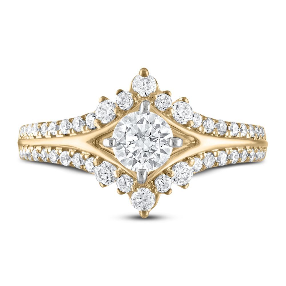 Anillo de compromiso con grabado personalizado de moissanita redonda de 1,5 quilates de peso total en oro de 10 quilates.-3