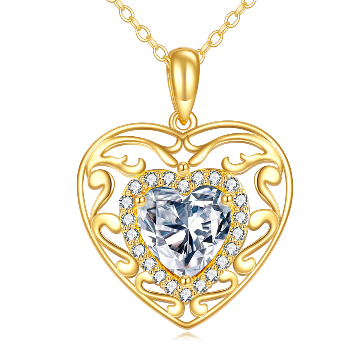 Colar com pingente oco de moissanita em forma de coração de ouro 14K 1,5CT-1