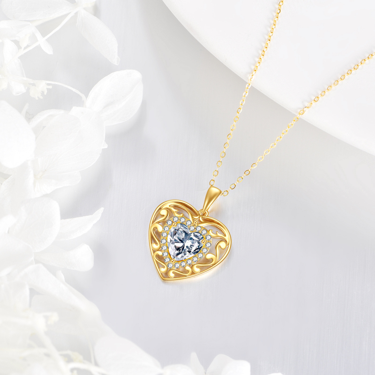 18K Gold 1.5CT Heart Moissanite Hollow Pendant Necklace-3