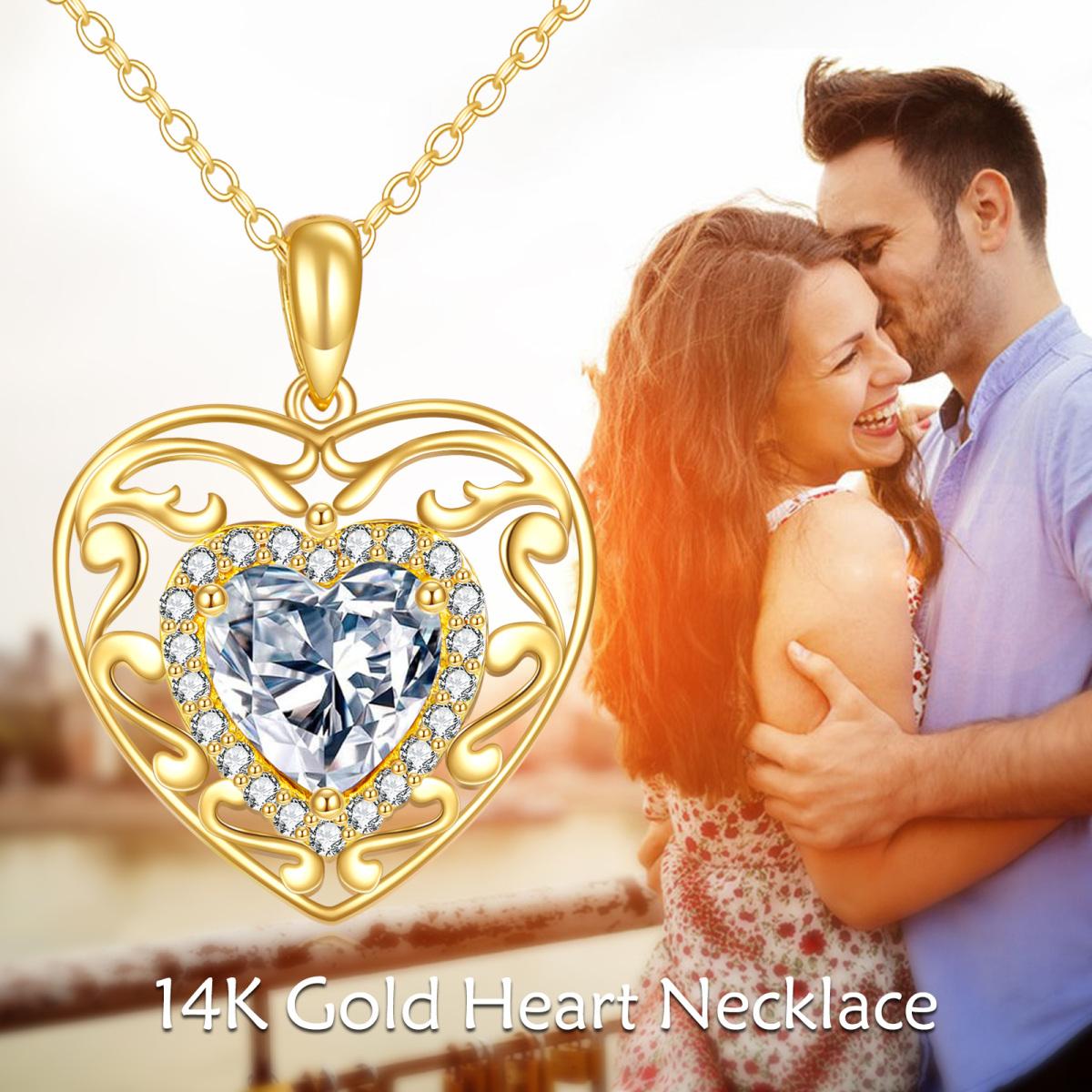 Colar com pingente oco de moissanita em forma de coração de ouro 14K 1,5CT-6