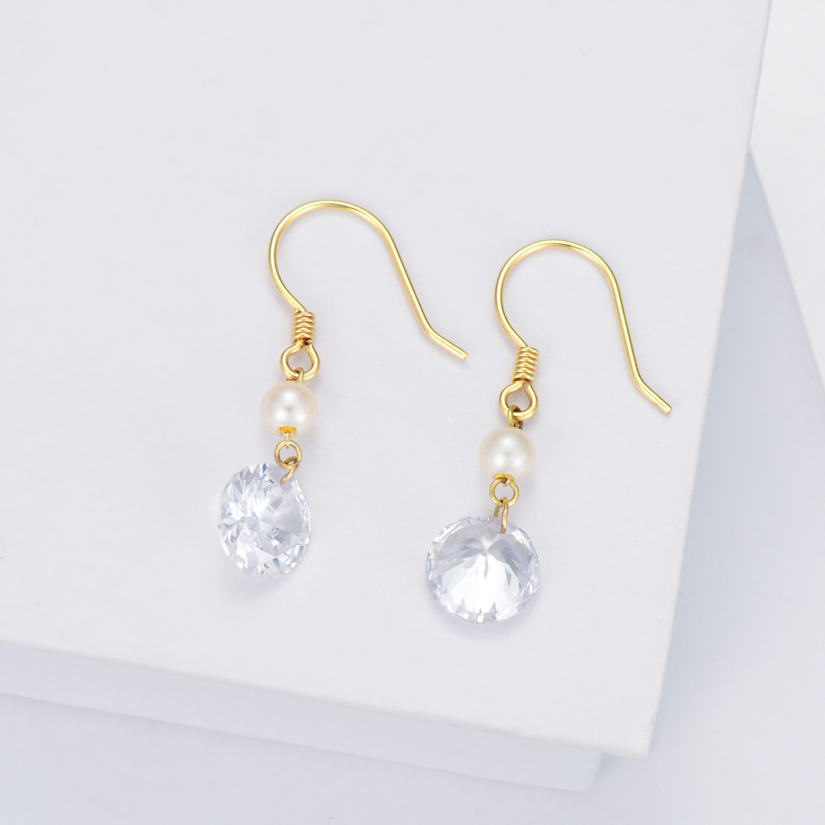 10K Gold 5mm Natural Freshwater Pearl Zircon Drop Earrings Jewelry Gift for Women-4