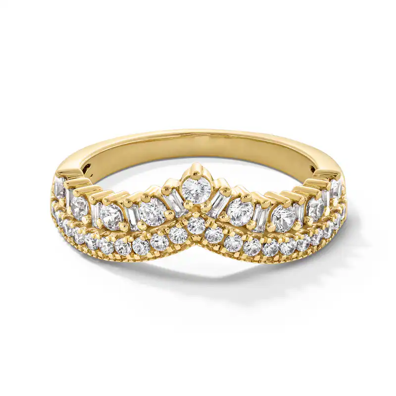 Anel de aniversário estilo vintage 18K ouro 5/8 CT circular baguette diamante fileira chevron-1