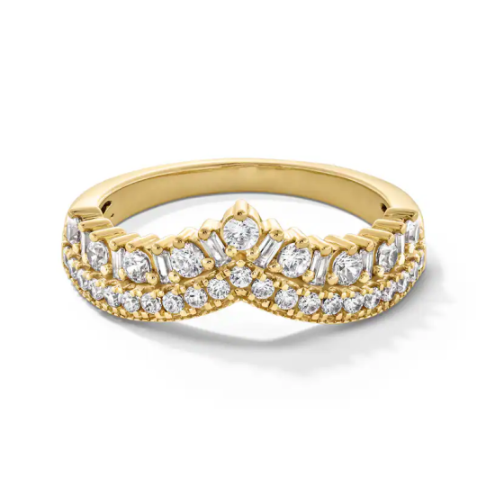 10K Gold 5/8 CT Circular & Baguette Diamond Row Chevron Vintage-Style Anniversary Band