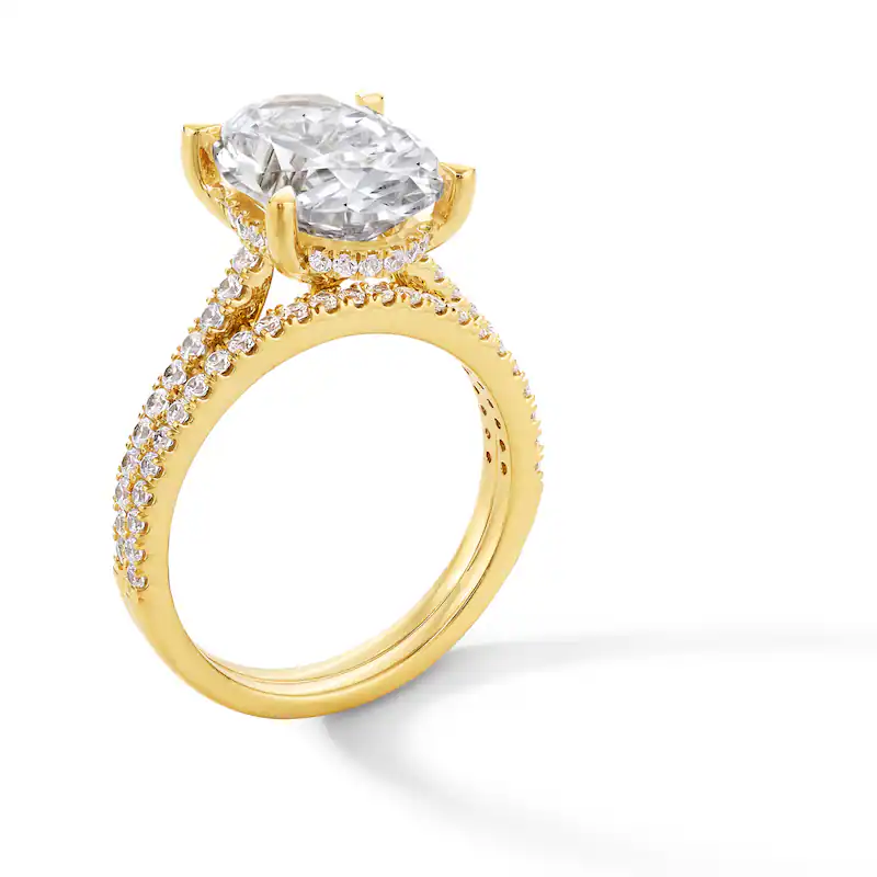 Bague de fiançailles pour couple en or 14 carats avec diamant ovale créé en laboratoire de 5-5/8 ct gravé sur mesure-3