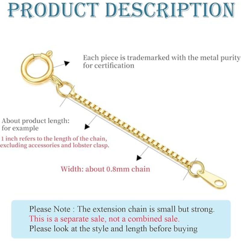 18K Gold 0.8Mm 0.5 Inch Box Chain Spring Buckle Extender Chain-2