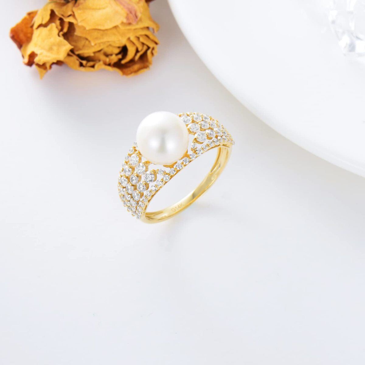 10K Gold Cubic Zirconia & 9mm Pearl Ring-4