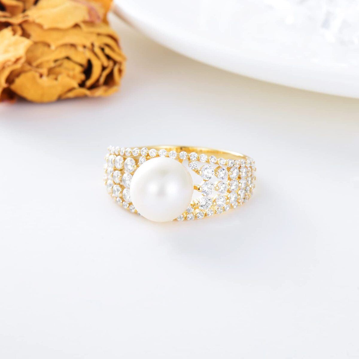 10K Gold Cubic Zirconia & 9mm Pearl Ring-5