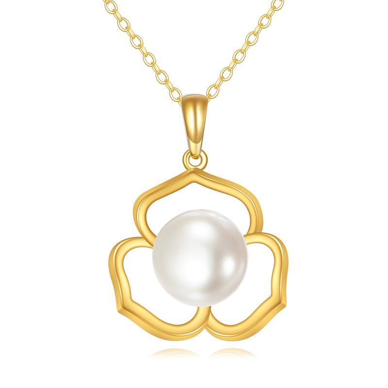 10K Gold 9MM Round Freshwater Pearl Flower Pendant Necklace-19