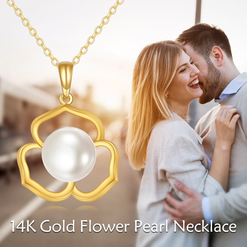 14K Gold 9MM Round Freshwater Pearl Flower Pendant Necklace-6