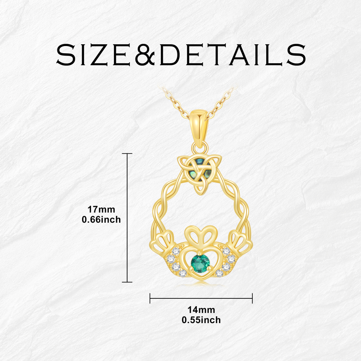 Collier avec pendentif Claddagh en or 14 carats et zircone cubique en forme de nœud celtique-5