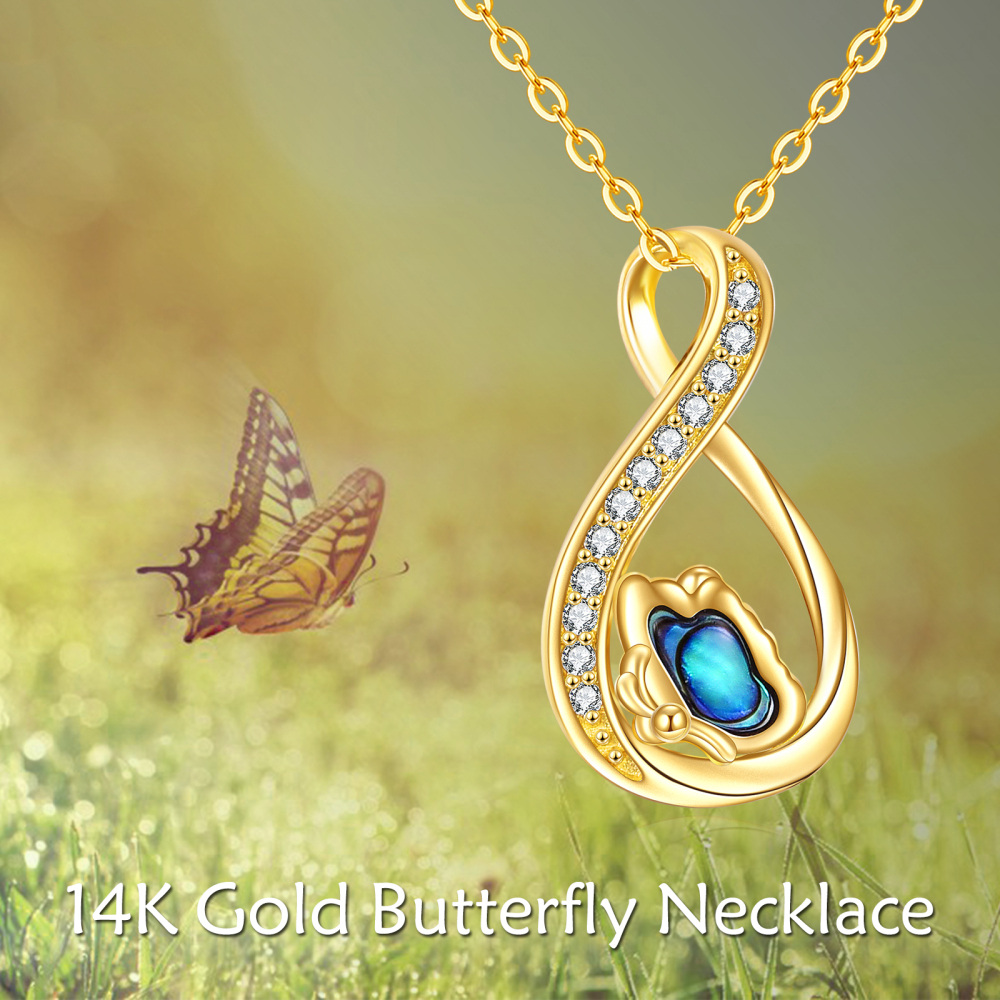 Collar con colgante de símbolo de infinito de mariposa de marisco de abulón de oro amarillo de 14 quilates para mujer-6