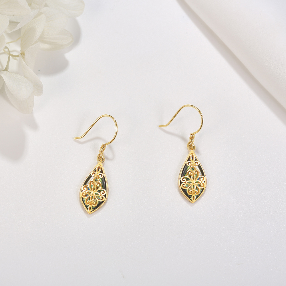 10K Gold Abalone Shellfish Filigree Drop Earrings for Women-3