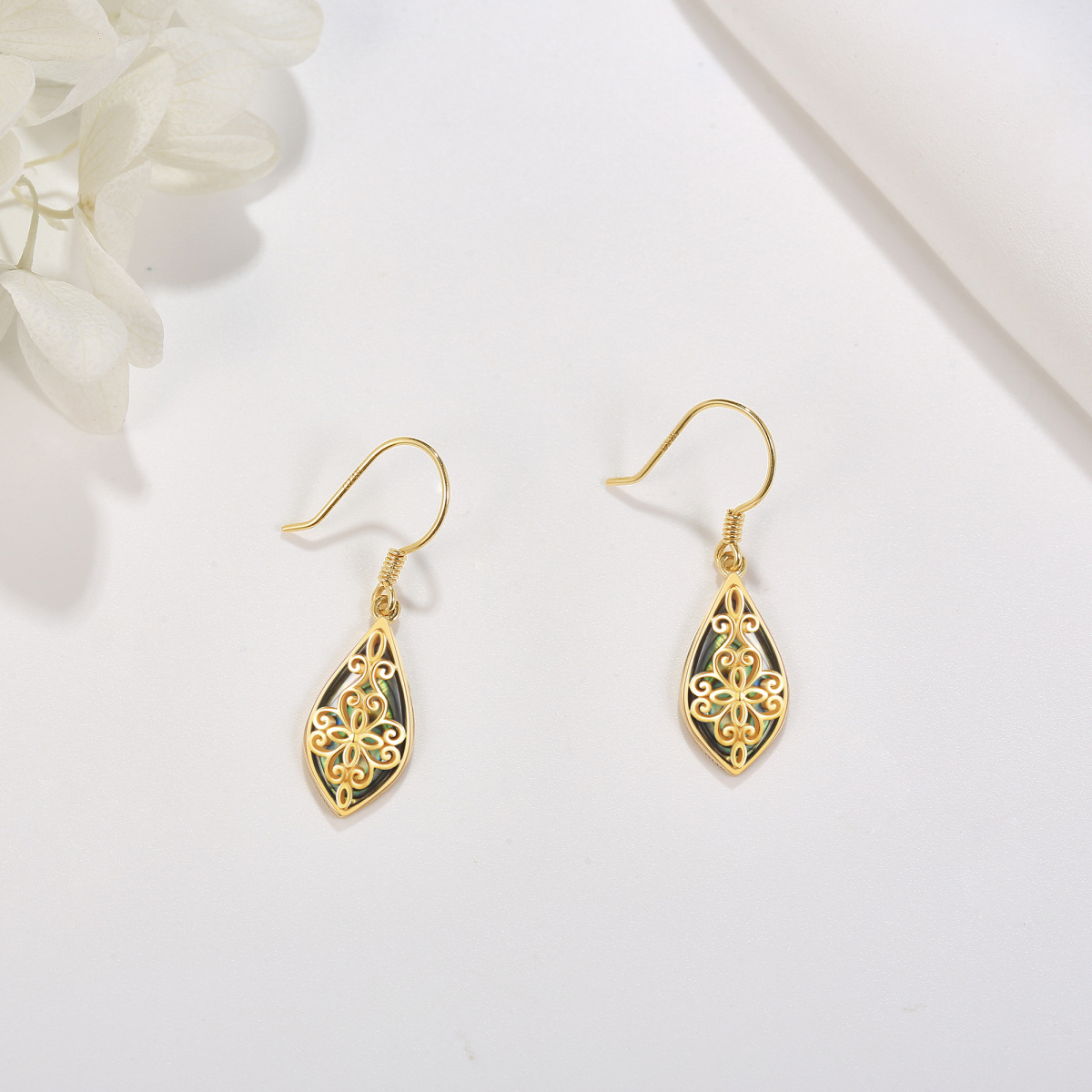 14K Gold Abalone Shellfish Filigree Drop Earrings for Women-3