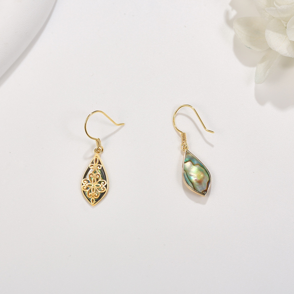 10K Gold Abalone Shellfish Filigree Drop Earrings for Women-4