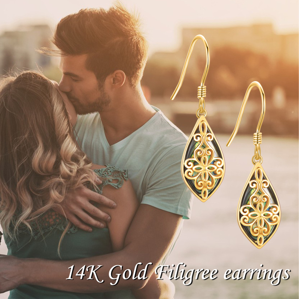 10K Gold Abalone Shellfish Filigree Drop Earrings for Women-6