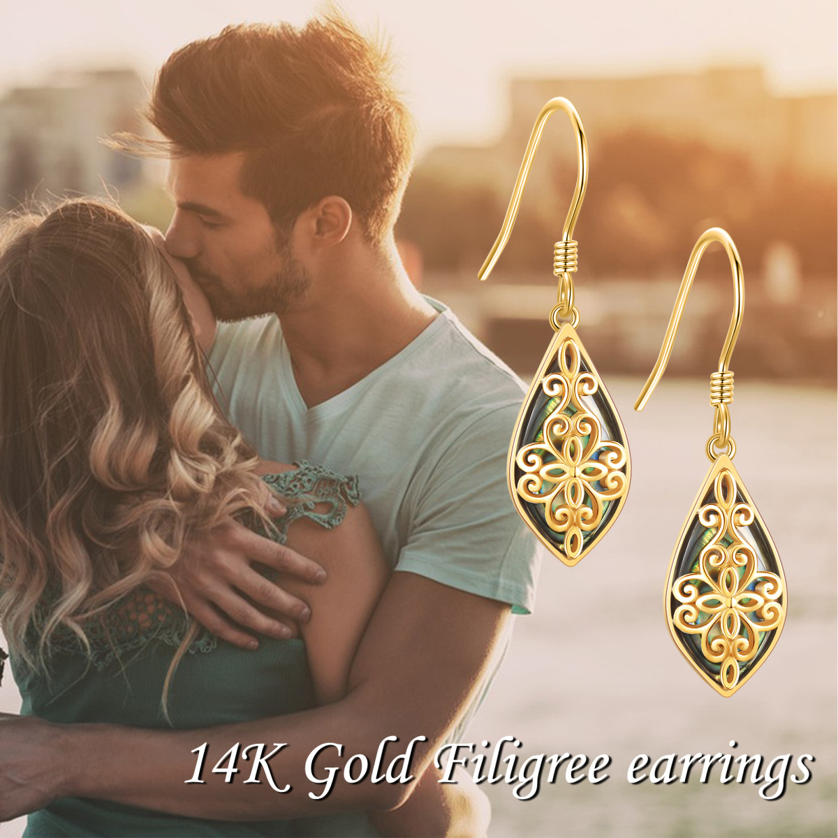 14K Gold Abalone Shellfish Filigree Drop Earrings for Women-6