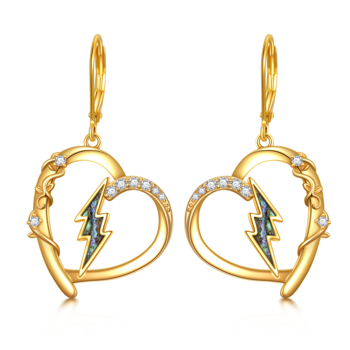 Sterling Silver with Yellow Gold Plated Abalone Shellfish Cubic Zirconia Heart & Lightning Lever-back Earrings-1