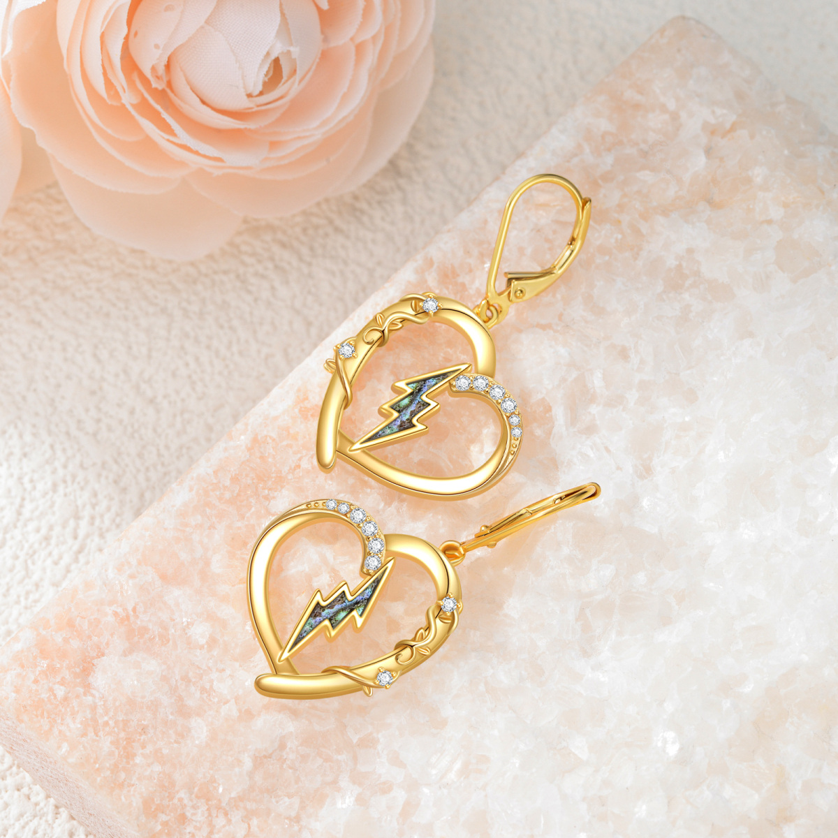 Sterling Silver with Yellow Gold Plated Abalone Shellfish Cubic Zirconia Heart & Lightning Lever-back Earrings-2