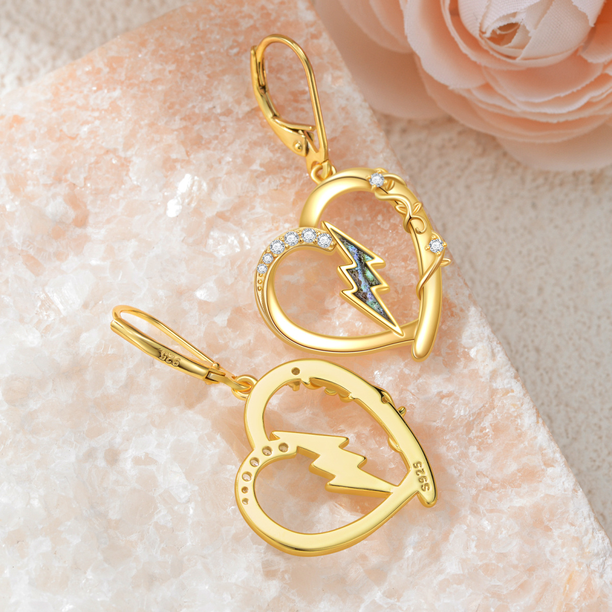 Sterling Silver with Yellow Gold Plated Abalone Shellfish Cubic Zirconia Heart & Lightning Lever-back Earrings-3
