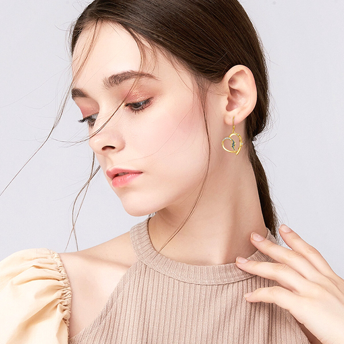 Sterling Silver with Yellow Gold Plated Abalone Shellfish Cubic Zirconia Heart & Lightning Lever-back Earrings-4