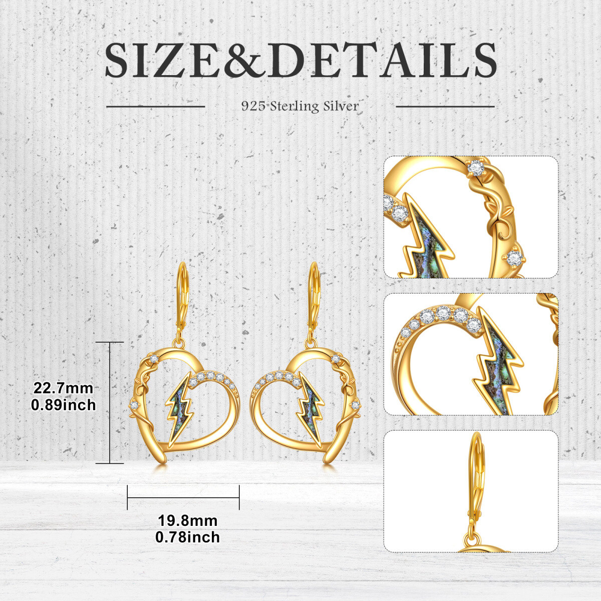 Sterling Silver with Yellow Gold Plated Abalone Shellfish Cubic Zirconia Heart & Lightning Lever-back Earrings-5