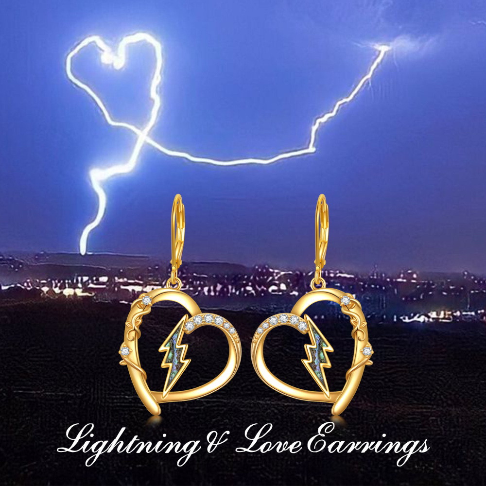 Sterling Silver with Yellow Gold Plated Abalone Shellfish Cubic Zirconia Heart & Lightning Lever-back Earrings-6