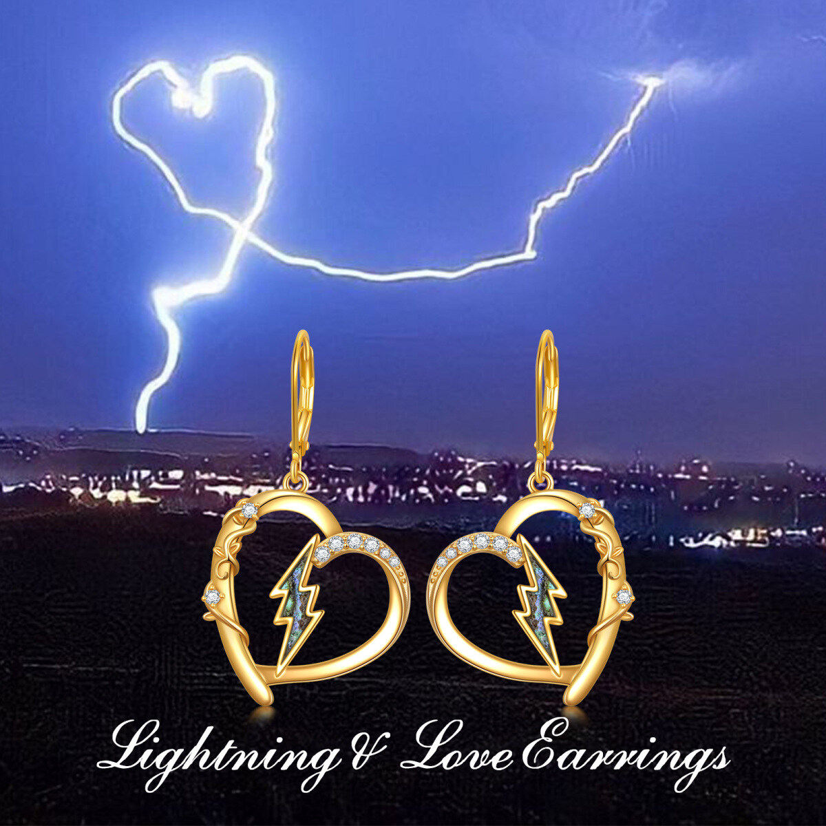 Sterling Silver with Yellow Gold Plated Abalone Shellfish Cubic Zirconia Heart & Lightning Lever-back Earrings-6