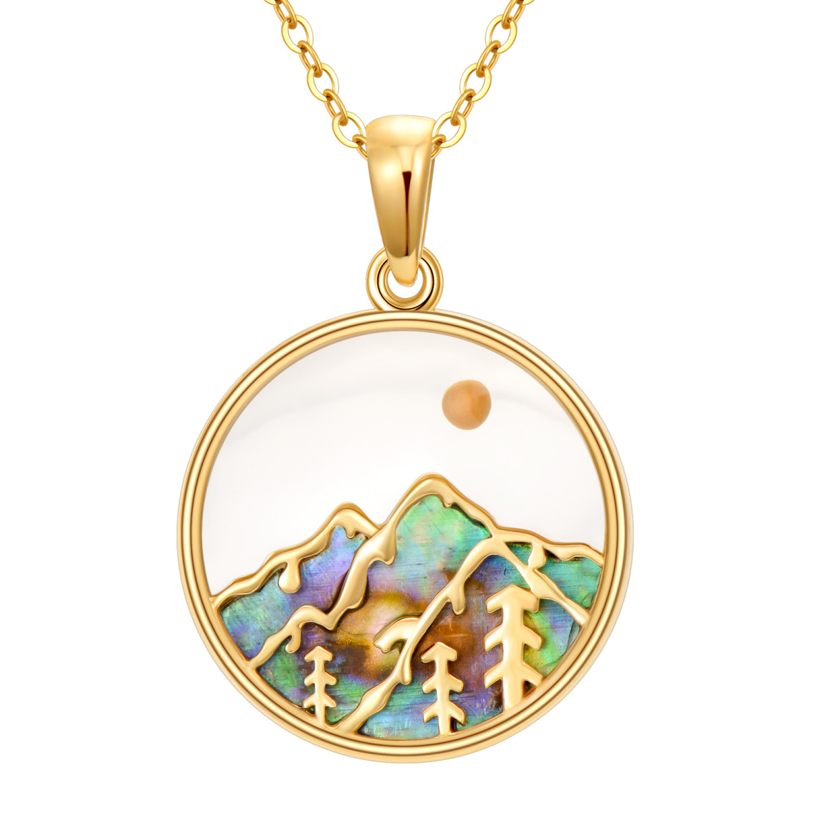 14K Gold Abalone Shellfish Sun Mountains Necklace for Women-1