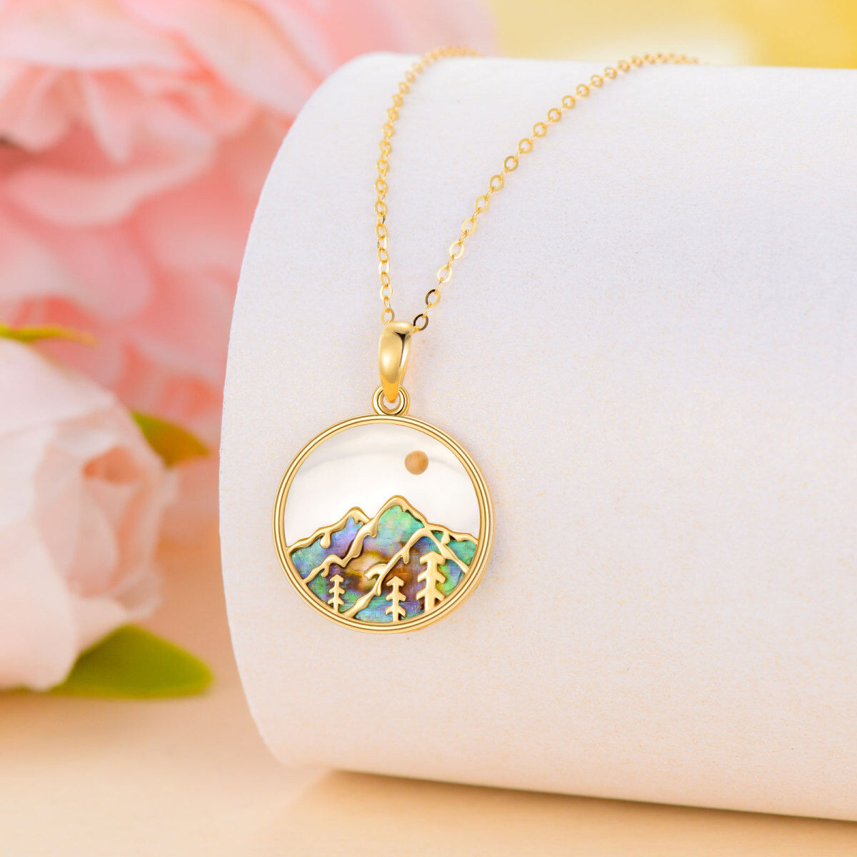 14K Gold Abalone Shellfish Sun Mountains Necklace for Women-3